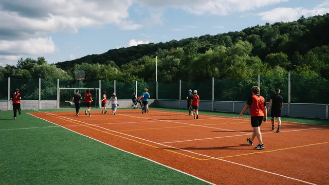 Zápas na ihrisku medzi zelenými kopcami